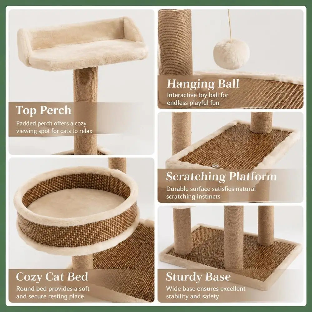 Arbre à chat 90 cm avec natte en rotin tressé et coussin amovible