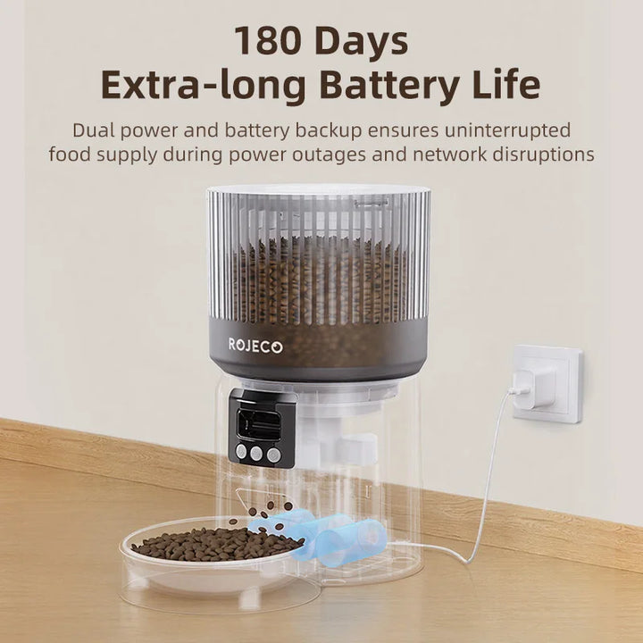 Distributeur de nourriture automatique ROJECO, transparent, avec batterie de 180 jours et alimentation double.