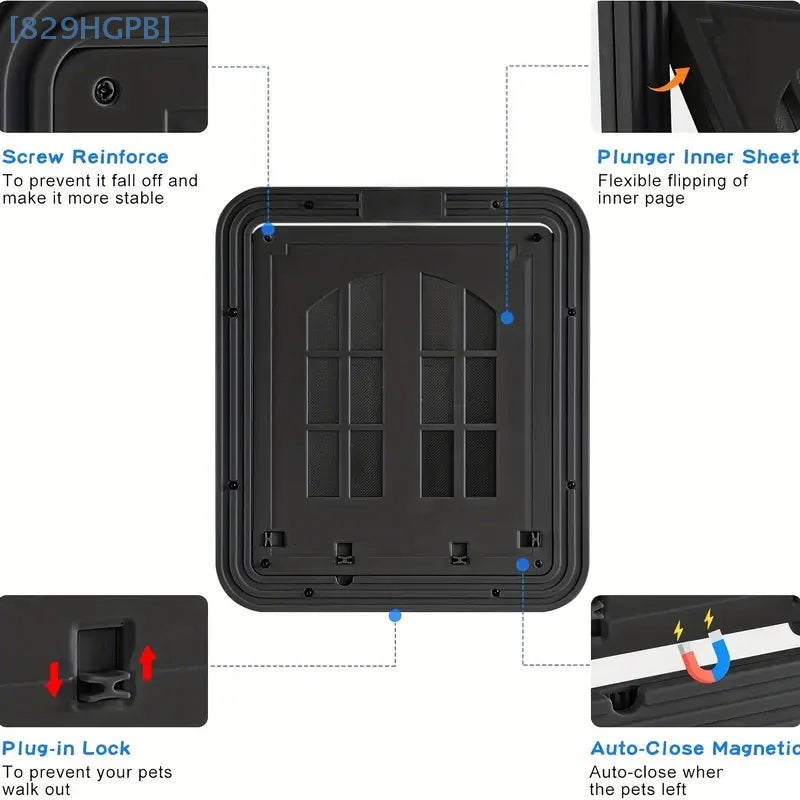 Porte pour animaux en plastique noir avec verrou à prise, auto-fermeture magnétique et renfort par vis.