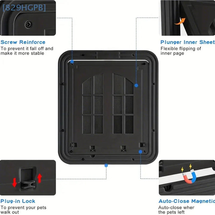 Porte pour animaux en plastique noir avec verrou à prise, auto-fermeture magnétique et renfort par vis.