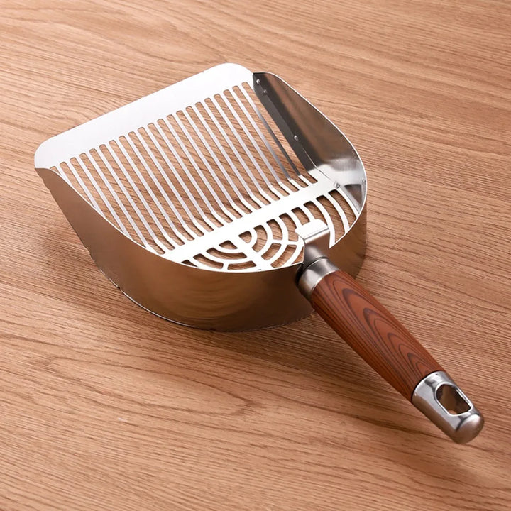 Pelle à litière pour chat en acier inoxydable avec manche bois ergonomique "Main Propre"