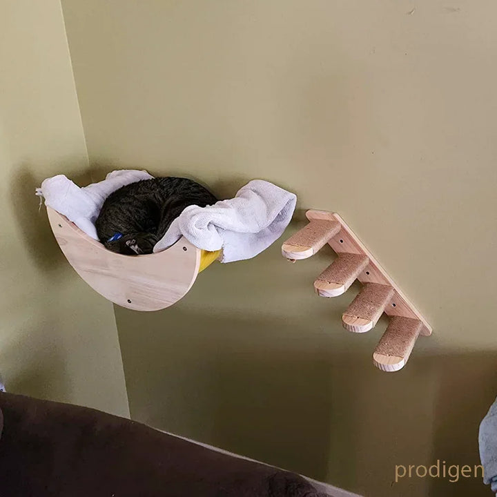 Wooden Wall-Mounted Cat Tree (Hammock, Stairs, Scratching Post) - AventureCiel