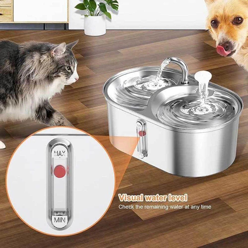 Fontaine pour animaux en acier inoxydable, deux réservoirs, avec indicateur visuel du niveau d'eau.