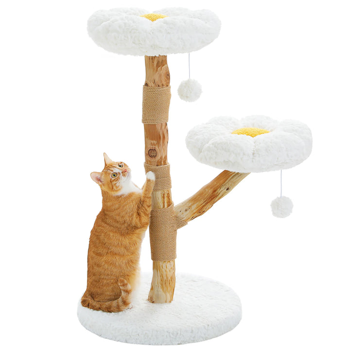 Arbre à chat en bois massif blanc avec couchages en forme de fleur