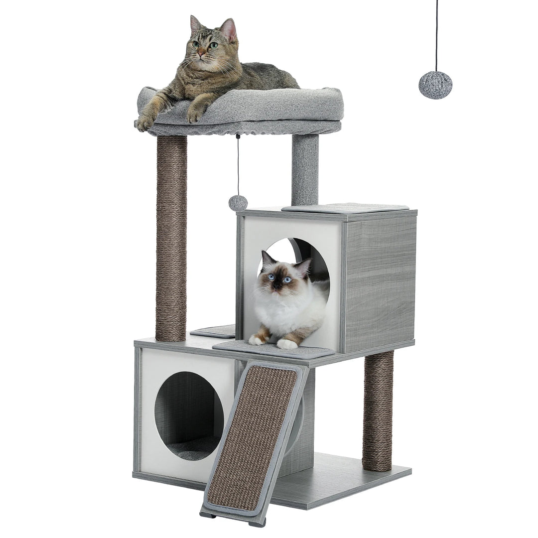 Arbre à chat 89 cm en bois gris avec niches rondes et rampe griffoir