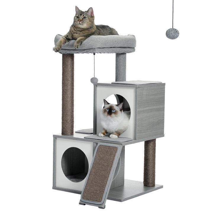 Arbre à chat 89 cm en bois gris avec niches rondes et rampe griffoir