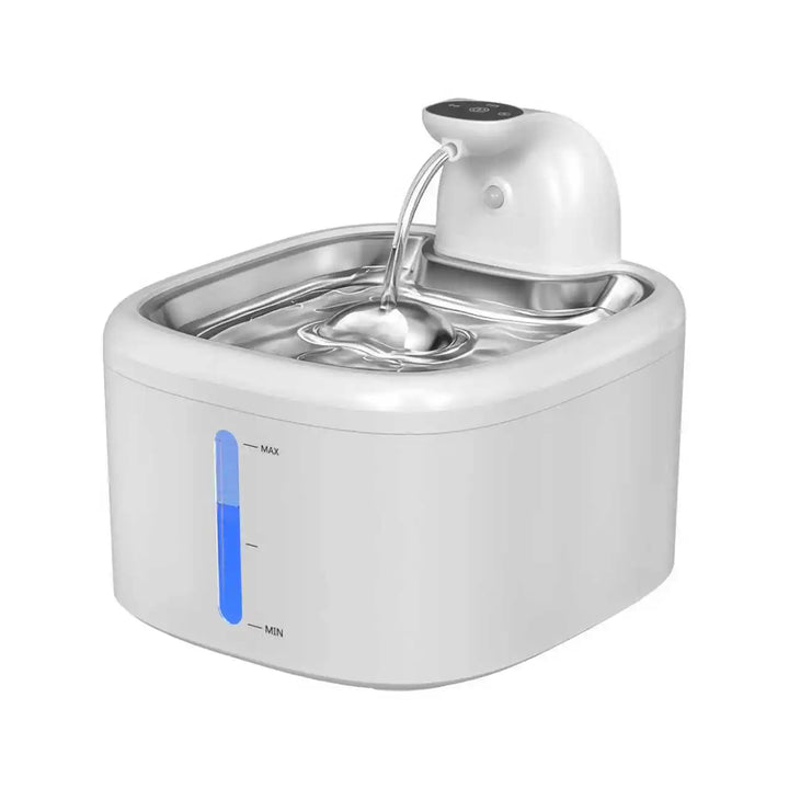 Fontaine à eau pour animaux, couleur blanche, matériaux durables, avec niveau d'eau visible.