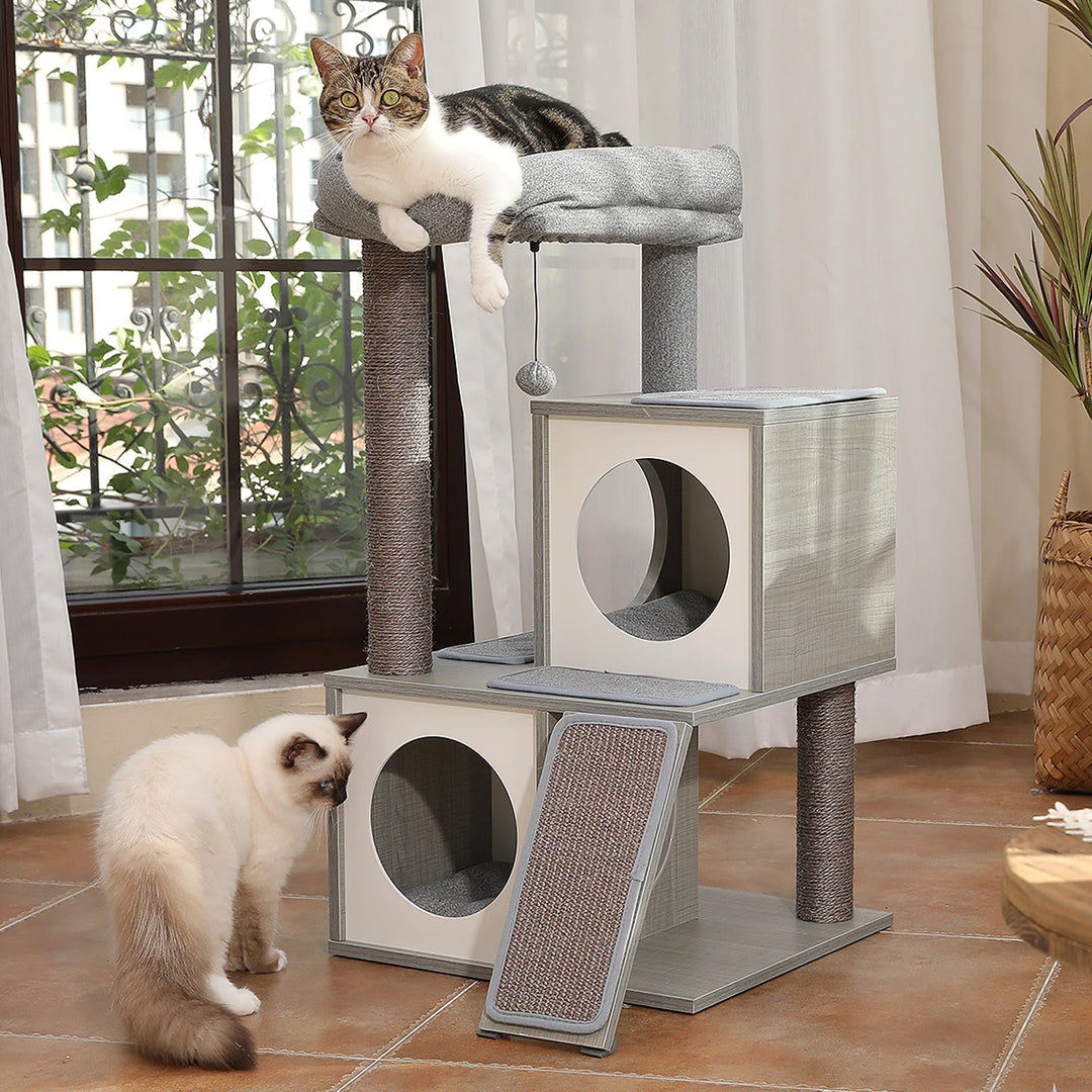 Arbre à chat 89 cm en bois gris avec niches rondes et rampe griffoir