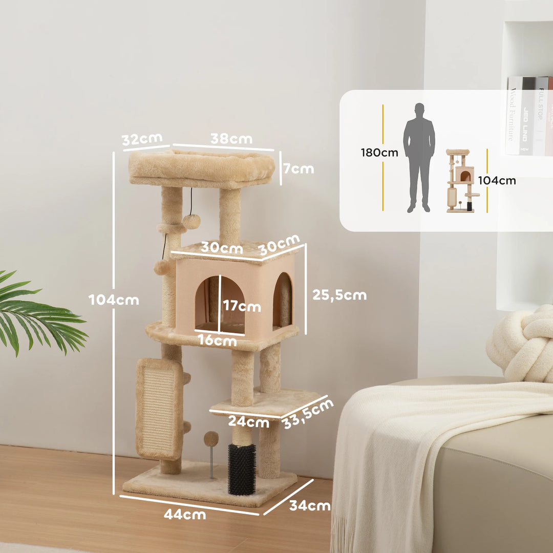 Arbre à chat 132 cm beige avec brosse intégrée et niche