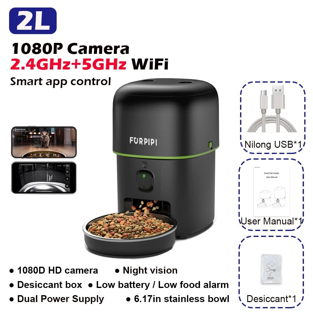 Distributeur automatique d'aliments pour animaux, caméra 1080P, WiFi 2.4GHz+5GHz, bol en acier inoxydable 6.17in.