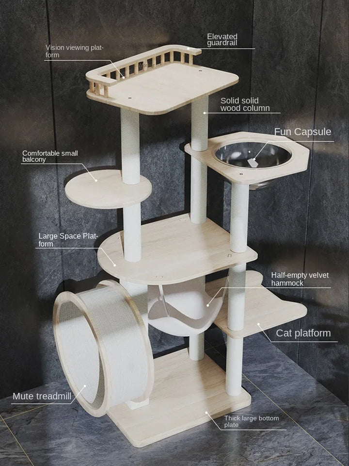 Designer Kratzbaum - Weißes Holz mit Rad und Hängematte - Katzenparadies