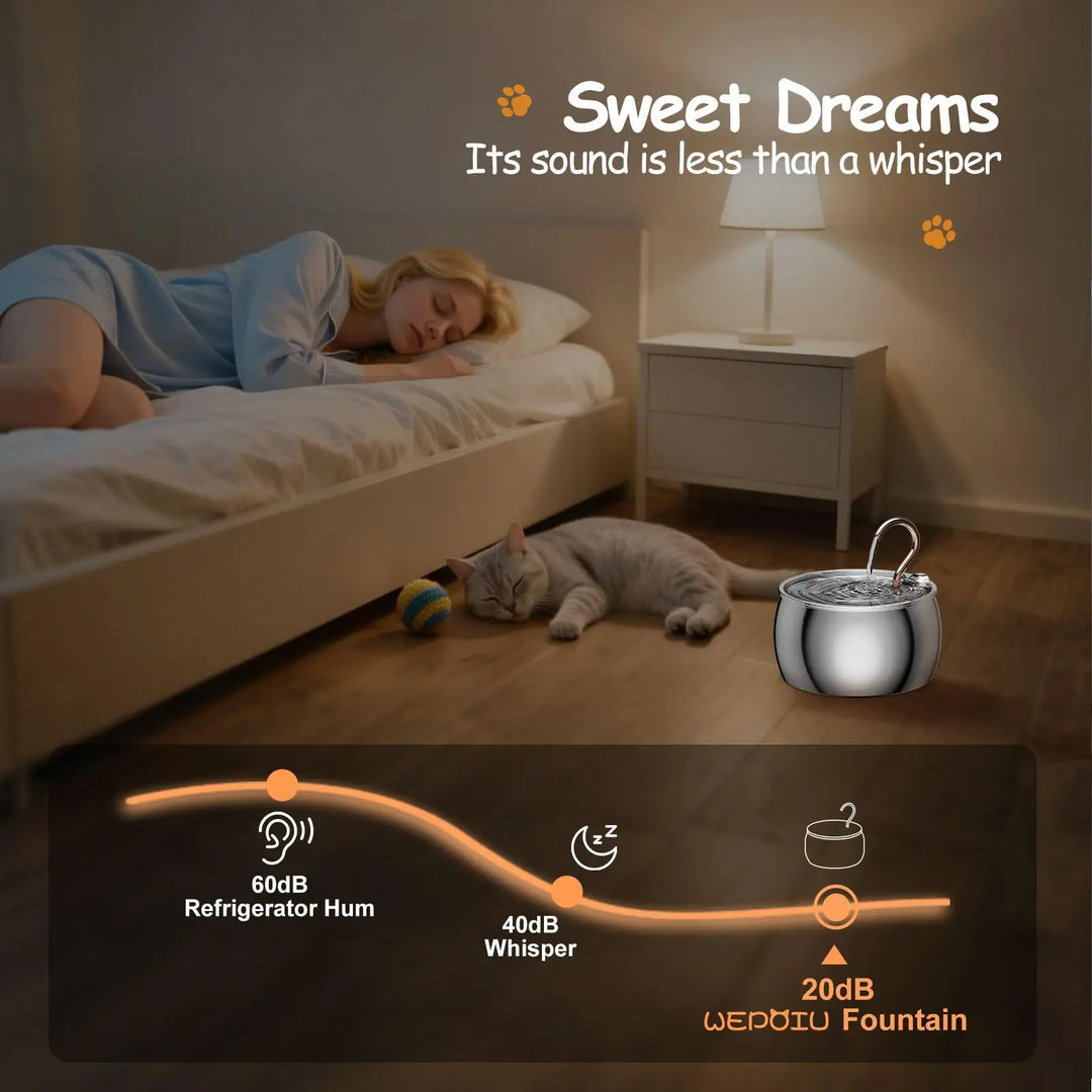 Fontaine pour animaux WEDDIU en acier inoxydable, silencieuse, 20dB, idéale pour de doux rêves.