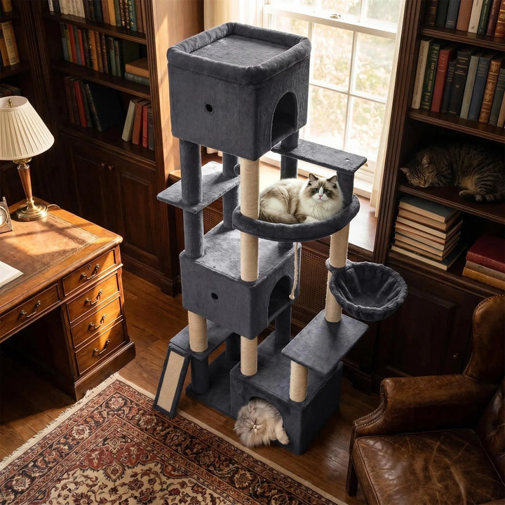 Arbre à chat XXL 202 cm gris foncé avec trois niches et hamac