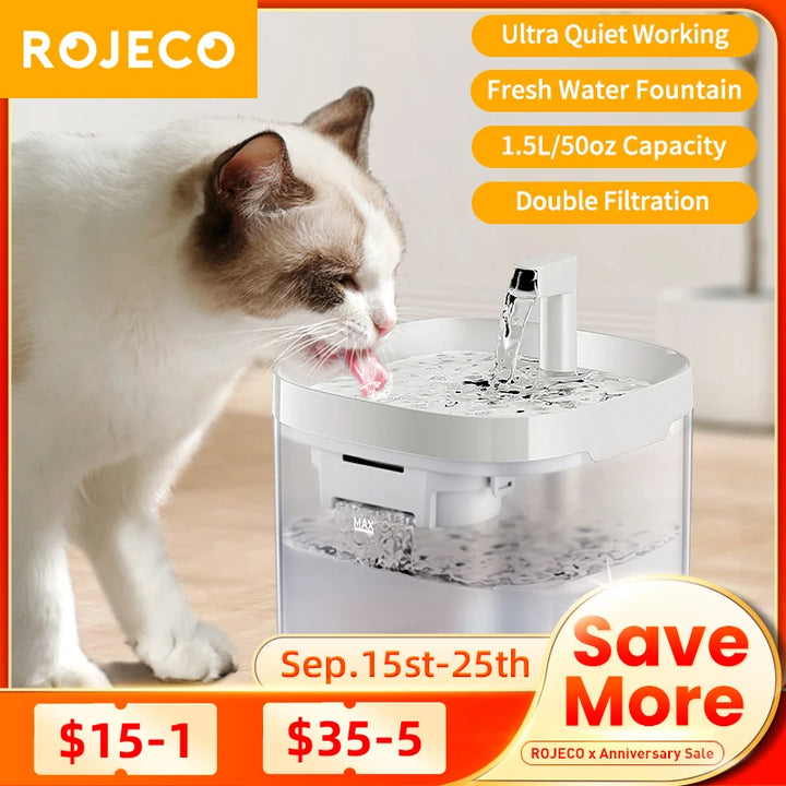 Fontaine à eau pour animaux Rojeco, 1,5 L, silencieuse, avec double filtration et design moderne.
