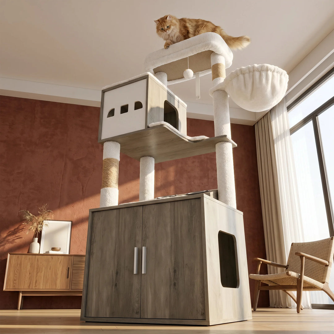 Arbre à chat 150 cm avec cache litière fermé et gamelles en inox