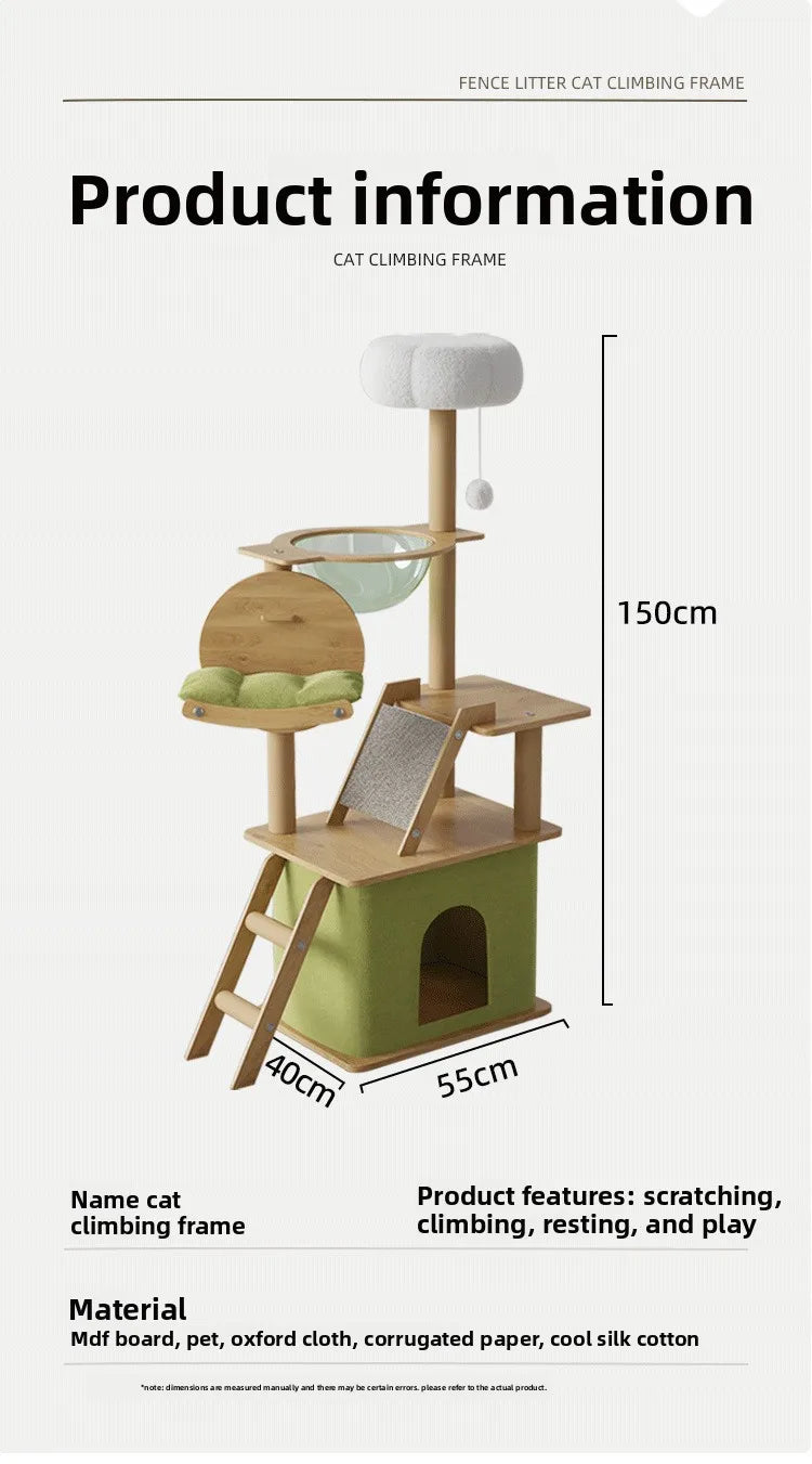 Arbre à chat en bois avec capsule spatiale et poteaux à griffer