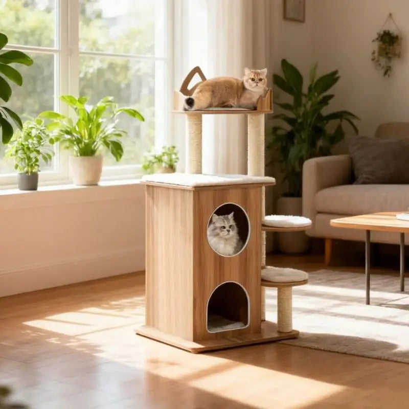 Arbre à chat 122 cm en bois naturel avec niche et coussin amovible