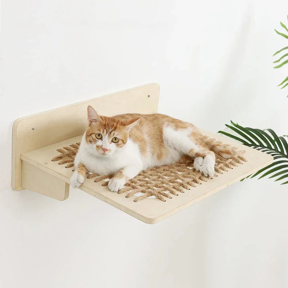 Wall-mounted cat tree - Perching platform - Ropes and wood