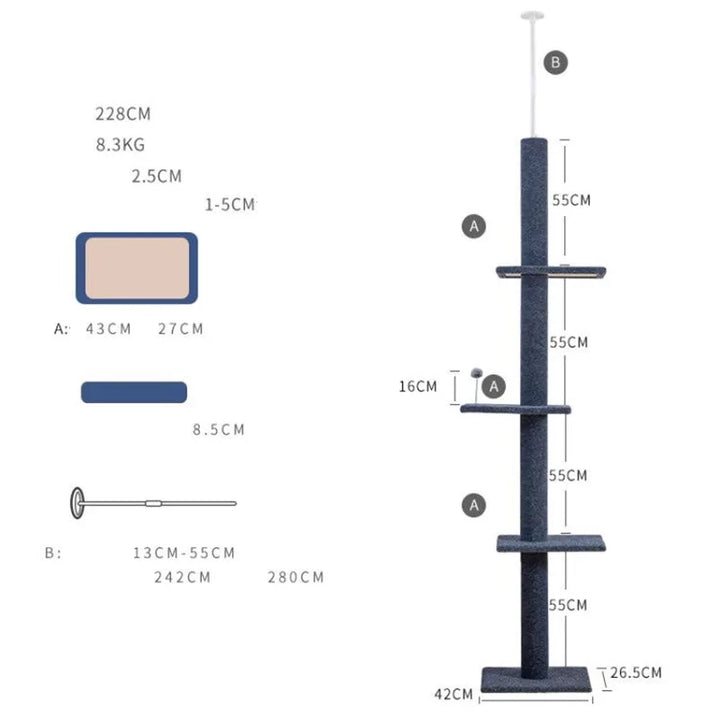 Maine Coon Cat Tree Adjustable from Floor to Ceiling - Model: "SkyTower"