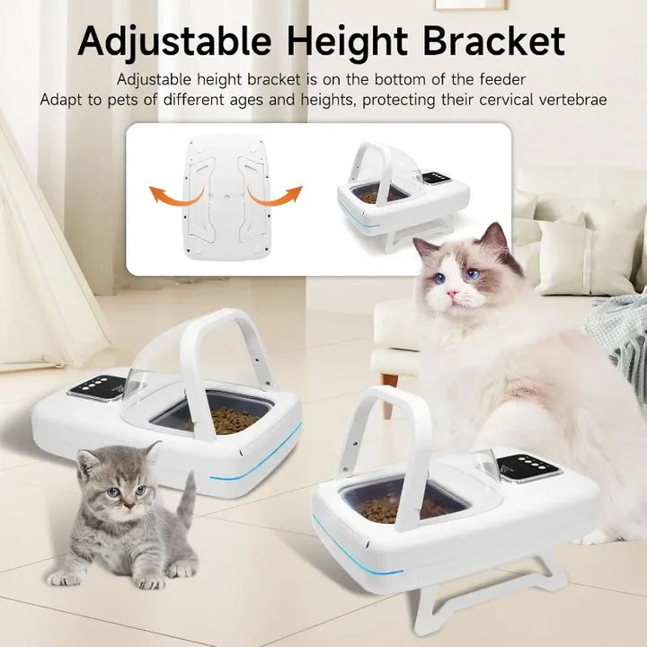 Distributeur de nourriture ajustable pour animaux, blanc, protège la colonne vertébrale des chats et des chiens.
