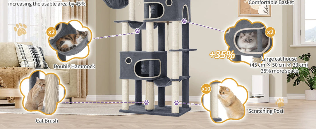 Arbre à chat XXL 213 cm gris foncé pour Maine Coon avec hamacs