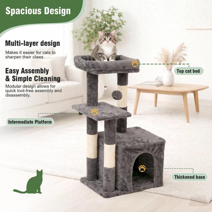 Arbre à chat compact 80 cm gris avec double niche et griffoirs