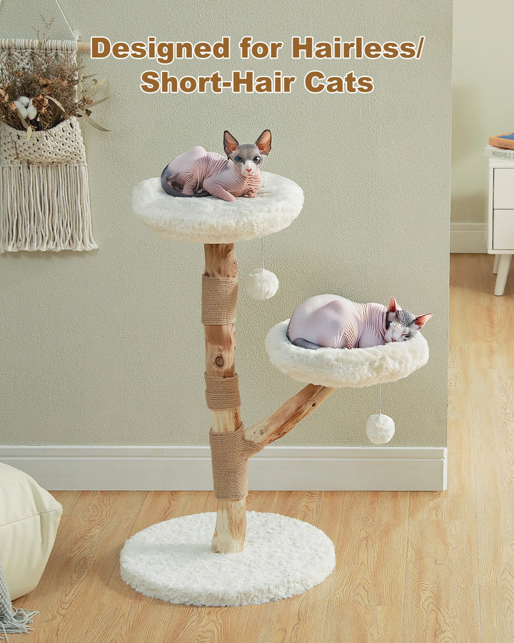 Arbre à chat en bois massif blanc avec couchages en forme de fleur