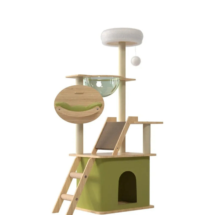 Arbre à chat en bois avec capsule spatiale et poteaux à griffer
