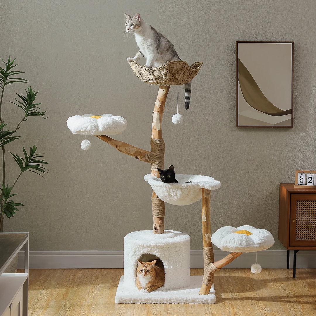 Arbre à chat 150 cm en bois massif avec panier tressé et plateformes fleur