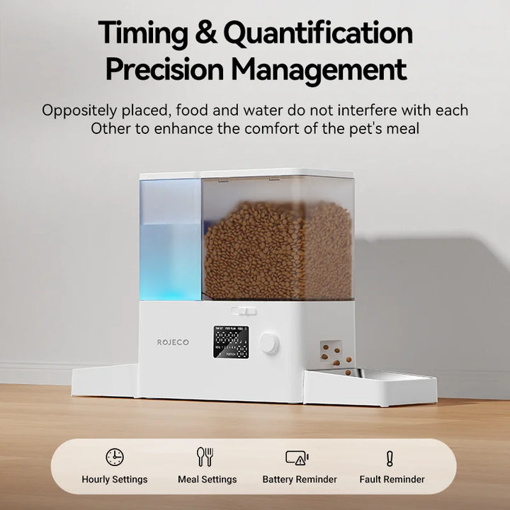 Distributeur automatique blanc pour animaux, gestion précise des repas, conteneur pour nourriture et eau.