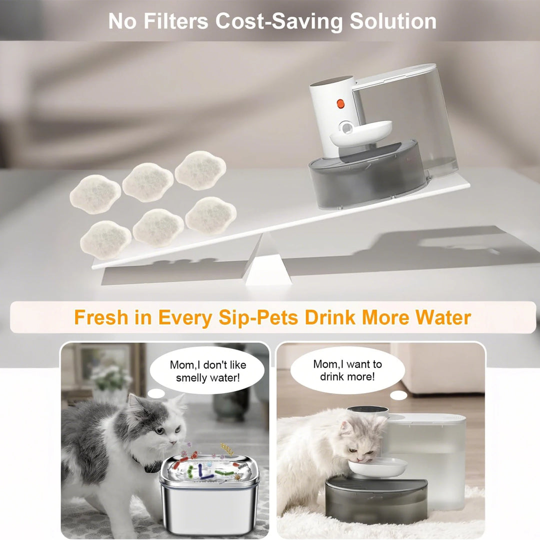 Distributeur d'eau pour animaux, blanc et gris, sans filtres, favorise une consommation d'eau saine.