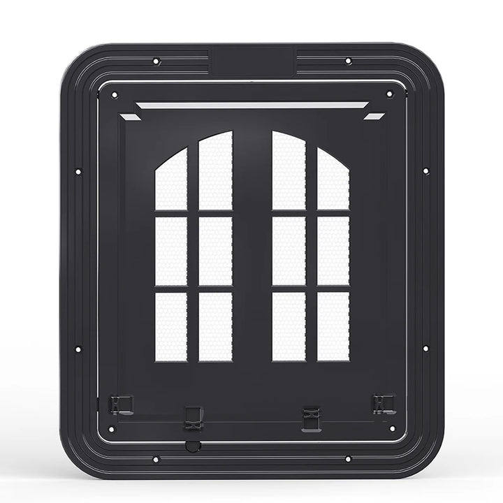 Panneau en plastique noir avec fenêtre à grille pour chien, résistant et durable, design élégant.