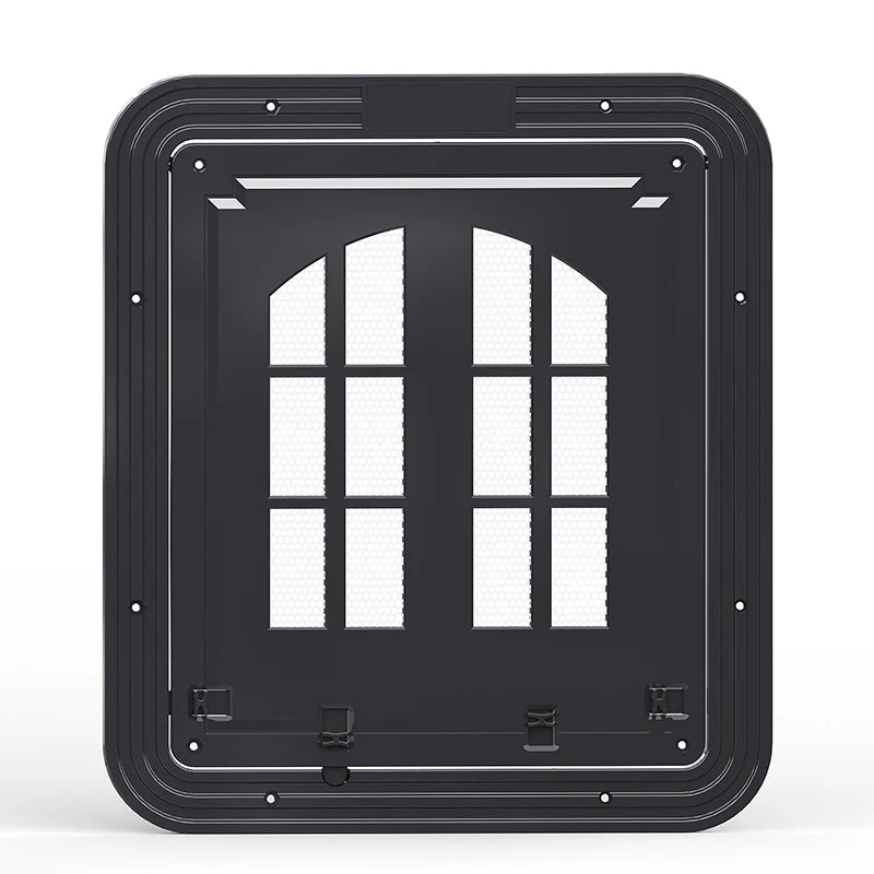 Grille de ventilation en plastique noir, design moderne avec fenêtre à motifs, idéale pour l'aération.
