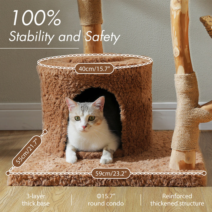 Arbre à chat 150 cm en bois massif avec panier tressé et plateformes fleur