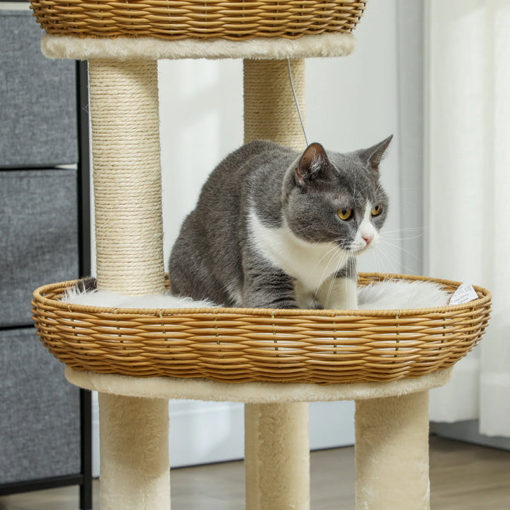 Arbre à chat 75 cm avec deux paniers en rotin et coussins lavables