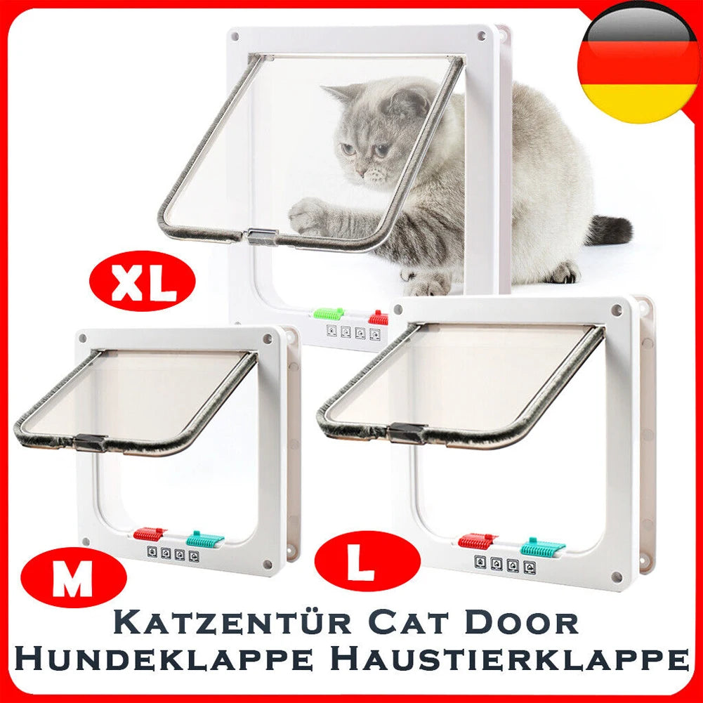 Porte pour chat en plastique blanc, taille M et XL, avec un chat blanc et gris, fonctionnel et pratique.