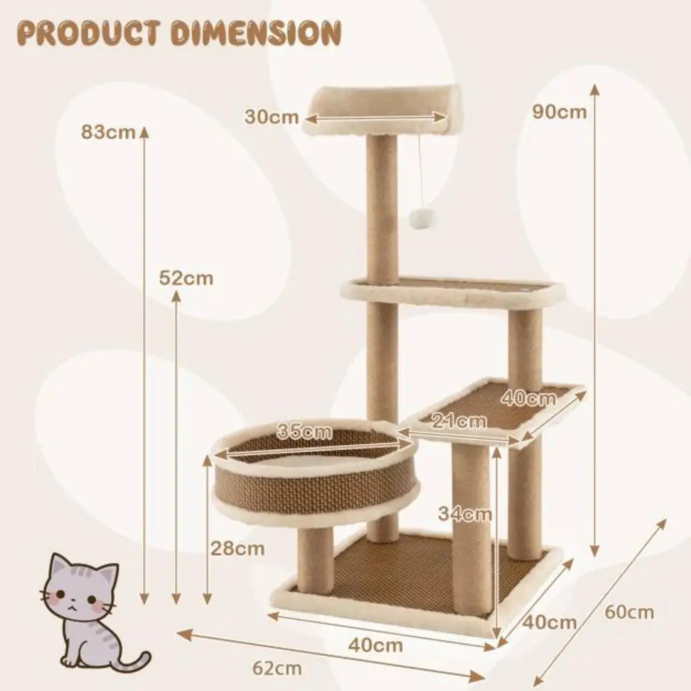 Arbre à chat 90 cm avec natte en rotin tressé et coussin amovible