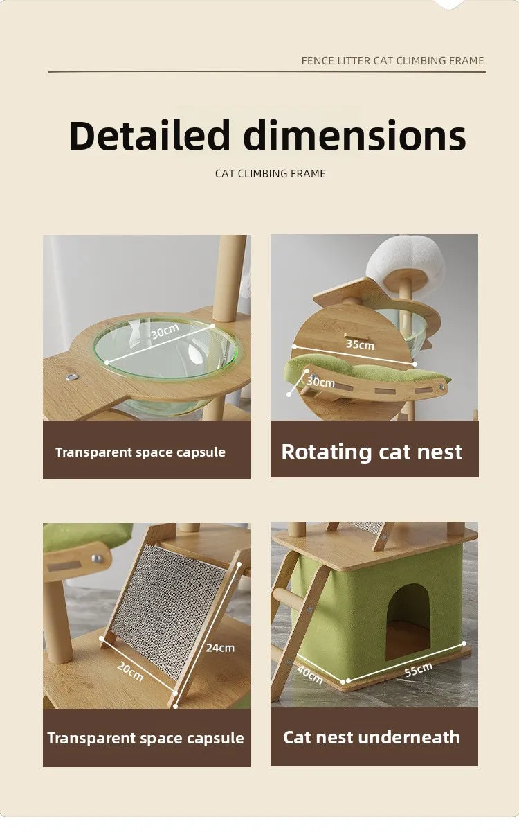 Arbre à chat en bois avec capsule spatiale et poteaux à griffer