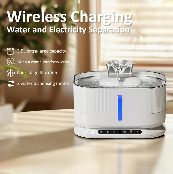 Distributeur d'eau sans fil, capacité 3,5L, filtration en 4 étapes, 2 modes de distribution, design moderne.
