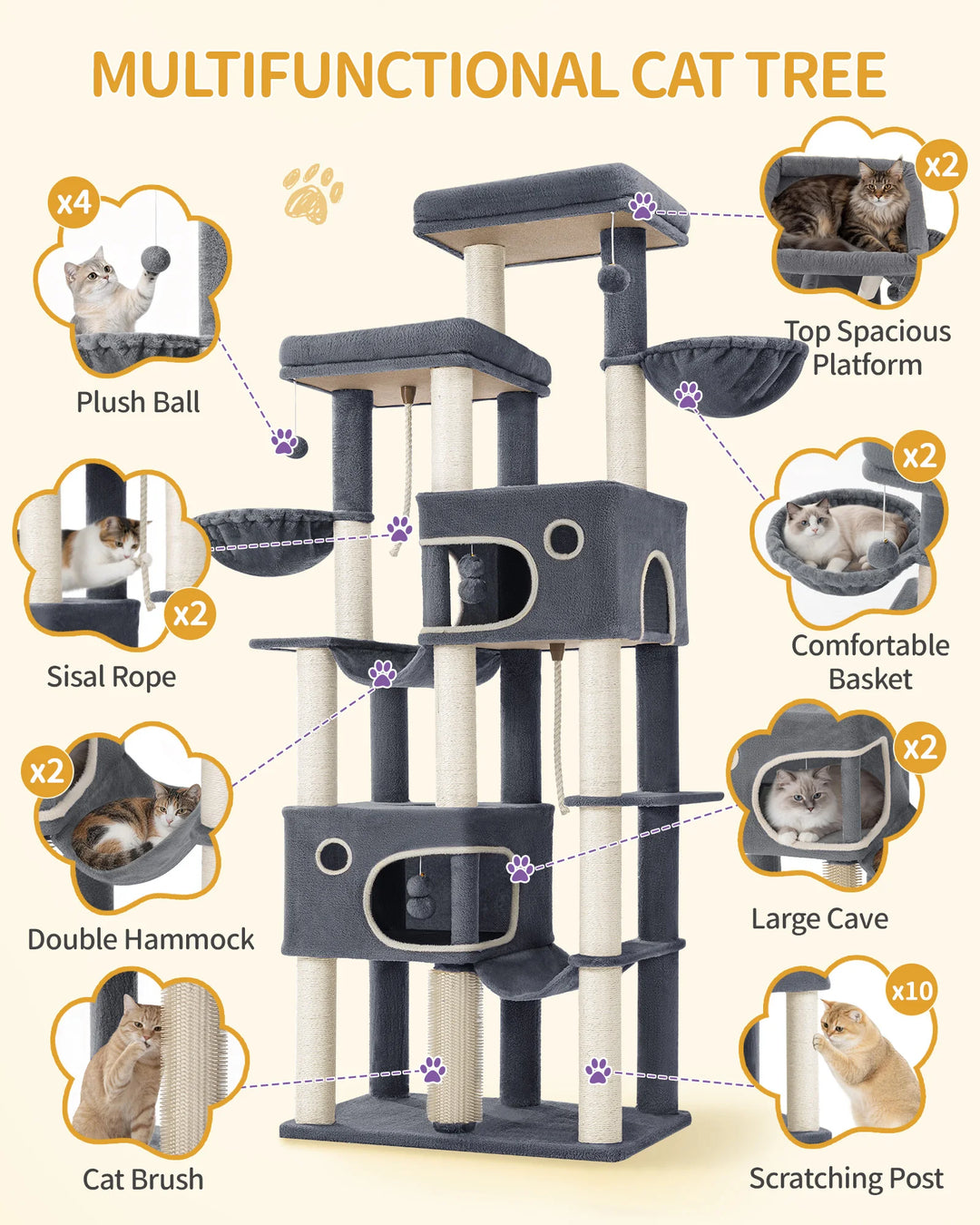 Arbre à chat XXL 213 cm gris foncé pour Maine Coon avec hamacs