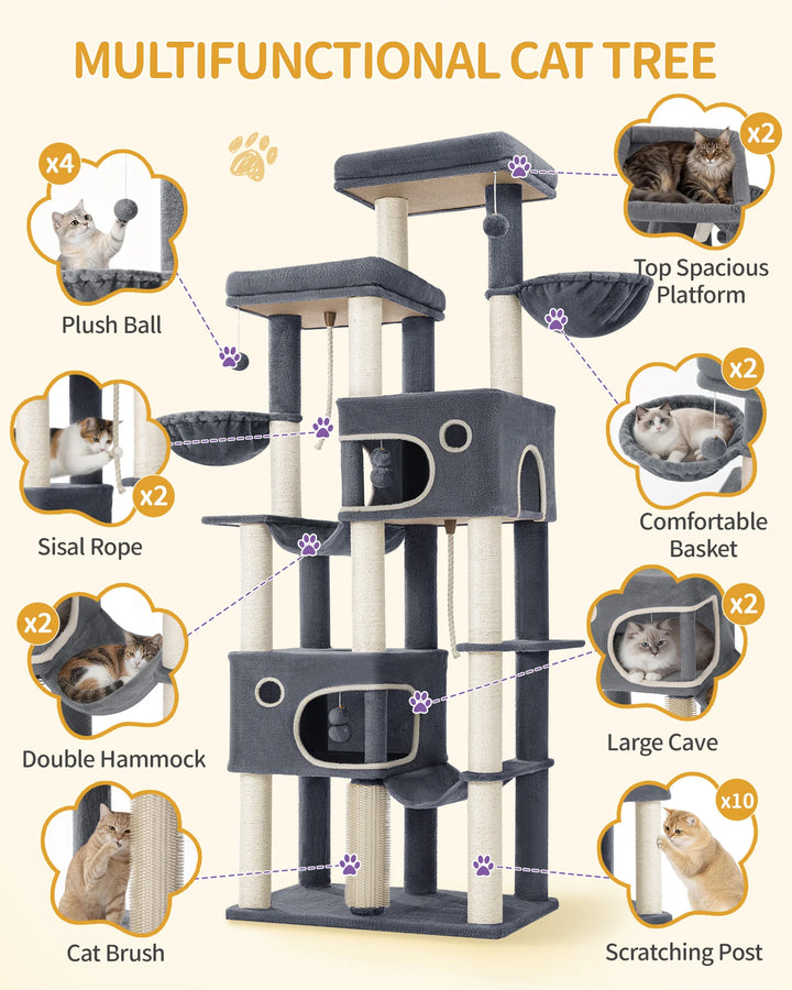 Arbre à chat XXL 213 cm gris foncé pour Maine Coon avec hamacs