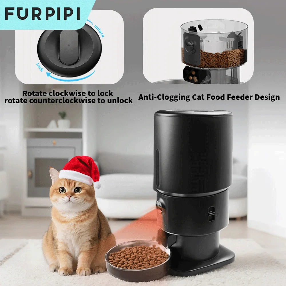 Distributeur de nourriture pour chat noir anti-obstruction avec un design moderne, idéal pour un repas facile.