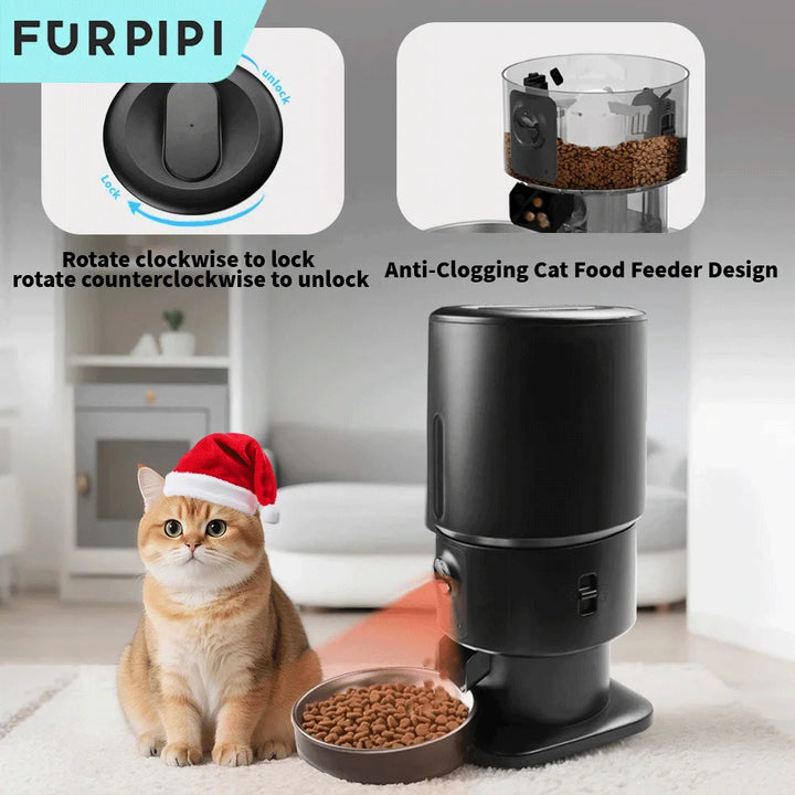 Distributeur de nourriture pour chat noir anti-obstruction avec un design moderne, idéal pour un repas facile.