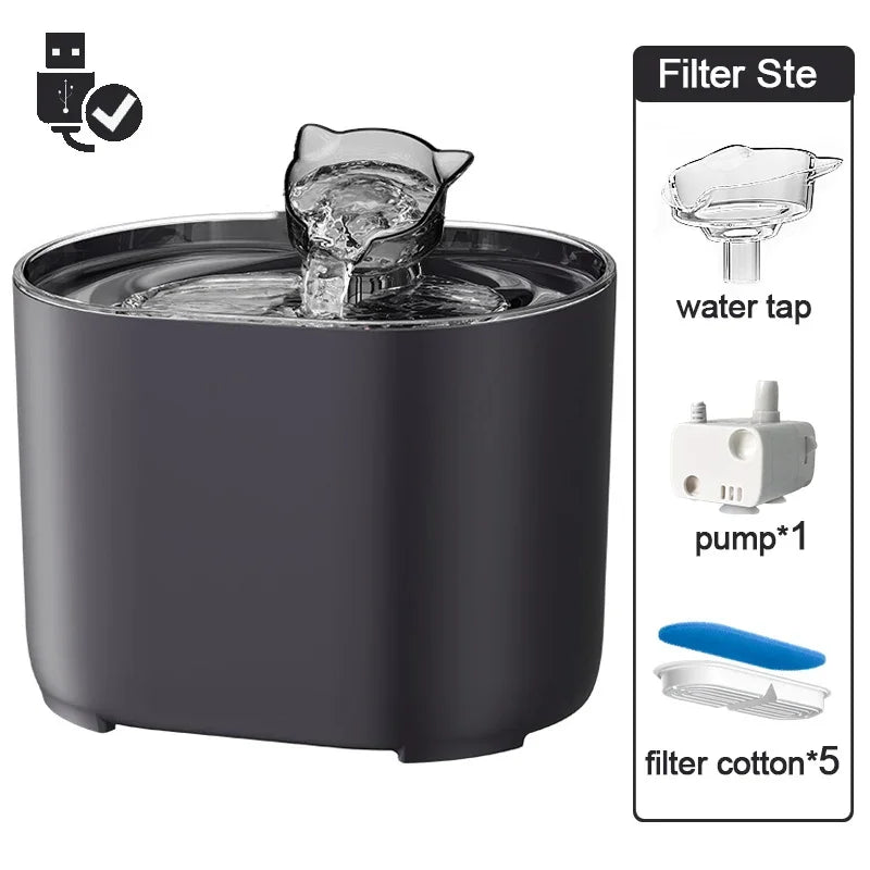 Fontaine à eau pour animaux en noir, avec robinet en forme de chat, pompe incluse, matériau durable.