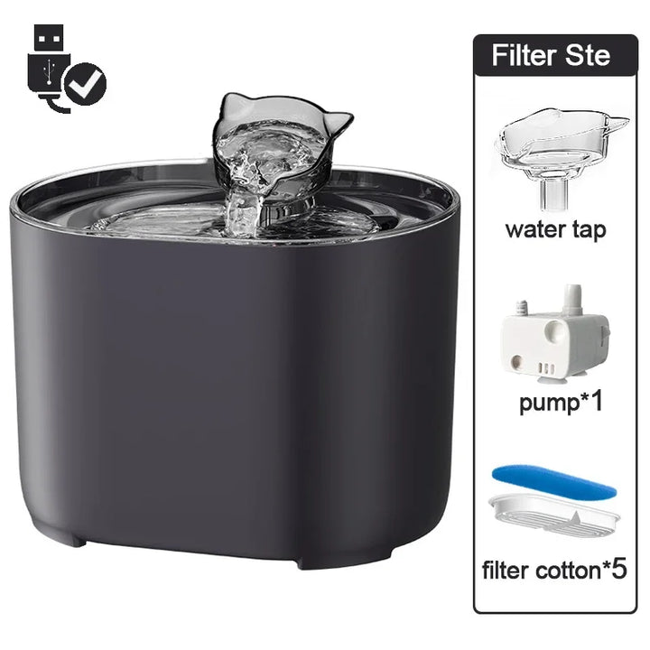 Fontaine à eau pour animaux en noir, avec robinet en forme de chat, pompe incluse, matériau durable.
