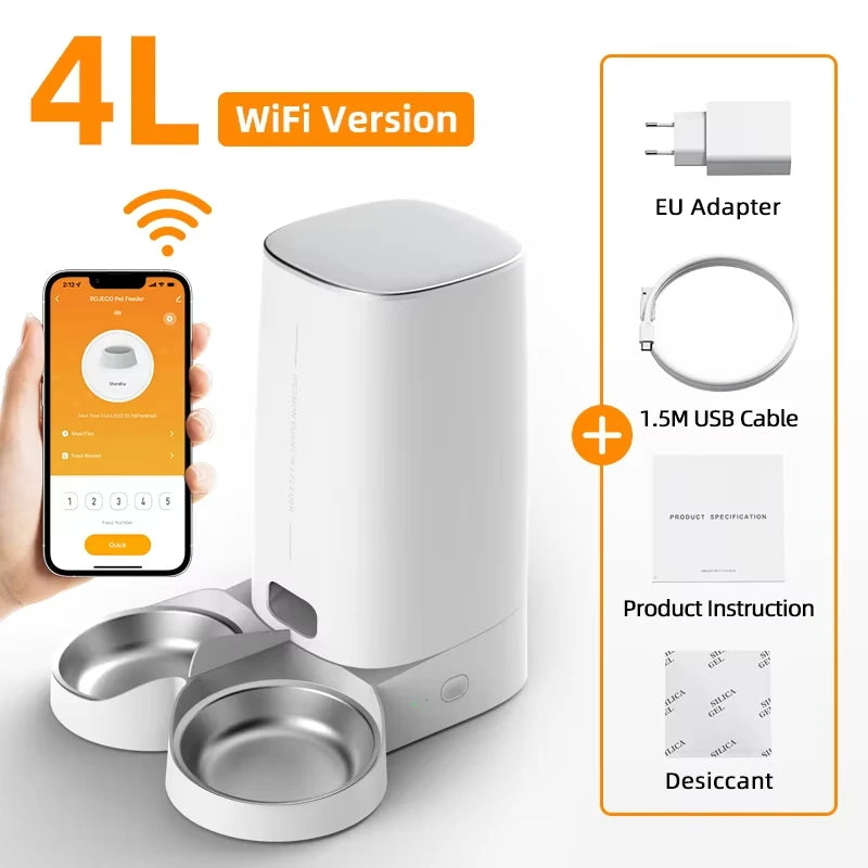 Distributeur automatique de nourriture 4L WiFi, blanc, avec câbles USB et adaptateur EU, deux bols en acier inox.