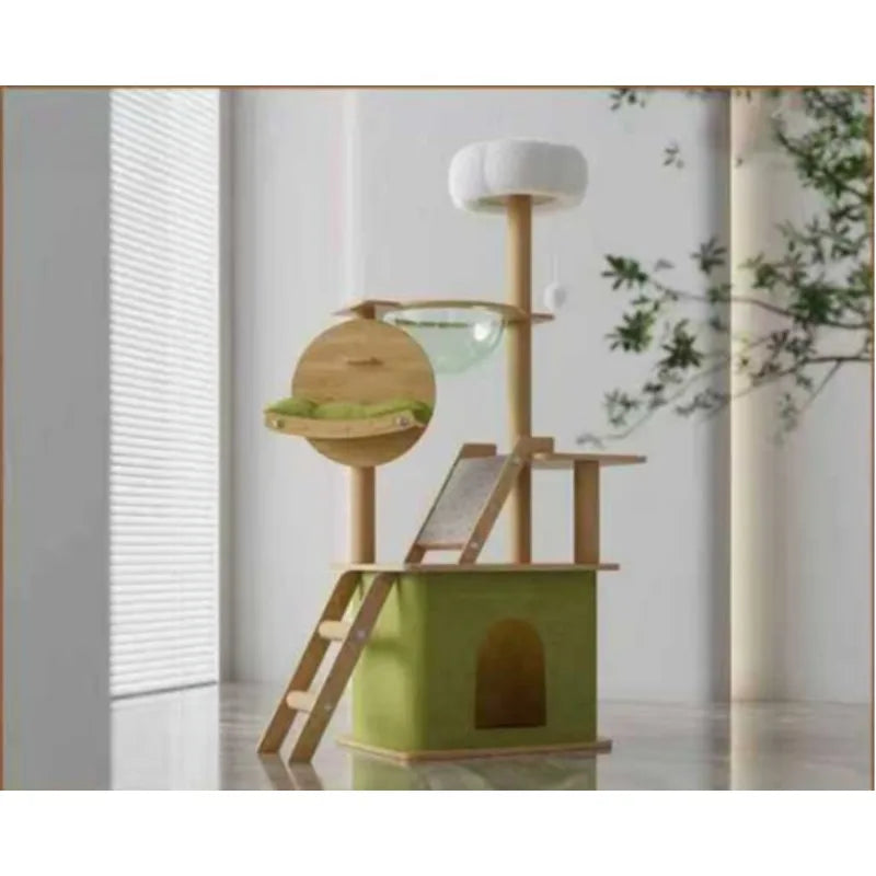 Arbre à chat en bois avec capsule spatiale et poteaux à griffer