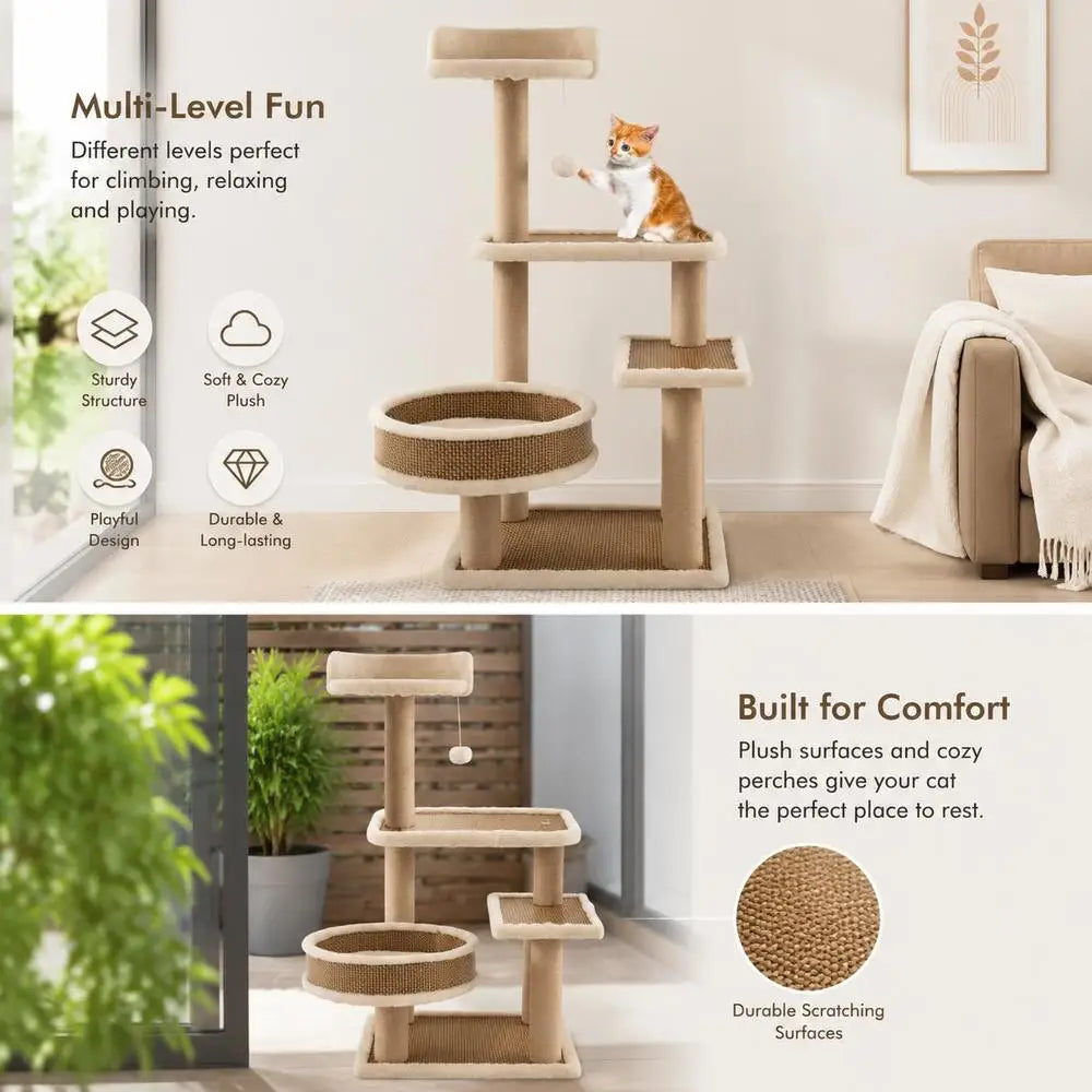 Arbre à chat 90 cm avec natte en rotin tressé et coussin amovible