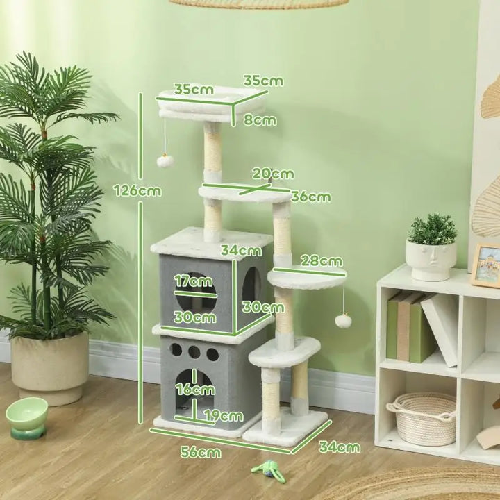 Arbre à chat 126 cm crème avec niches, hamac et griffoirs