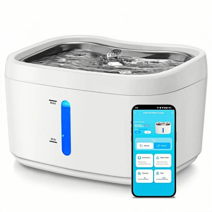 Fontaine à eau intelligente pour animaux, blanche, en acier inoxydable, avec application mobile pour contrôle.
